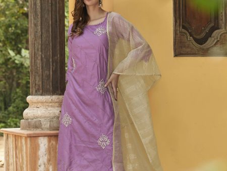 Lavender Chinon Embroidered Kurta and Bottom with Dupatta - Akashara Supply