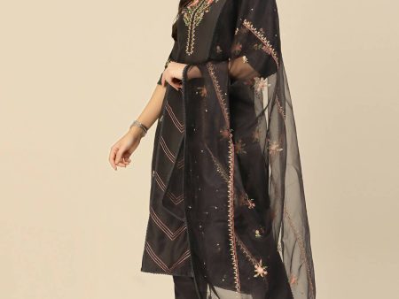 Black Embroidered Chinon Straight Kurta With Trouser & Dupatta - Salimar For Cheap