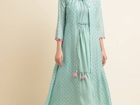 Sea Green Cotton Solid Flared Dress with Printed Shrug - Yukti Hot on Sale