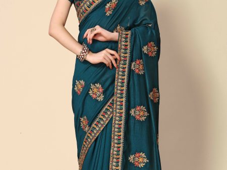 Teal Chinon Embroidered Saree with Unstitched Blouse Piece - Roozal Online Hot Sale