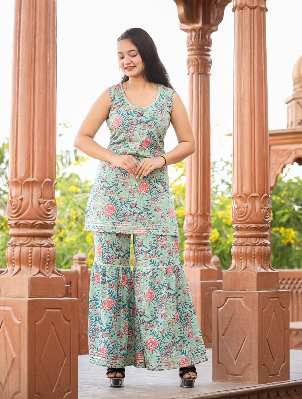 Kaajh Women s Turquoise Floral Printed Kurta With Sharara Online Hot Sale