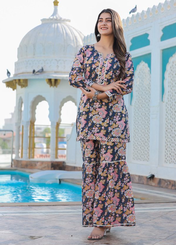 Kaajh Women s Grey Floral Printed Kurta With Sharara Fashion