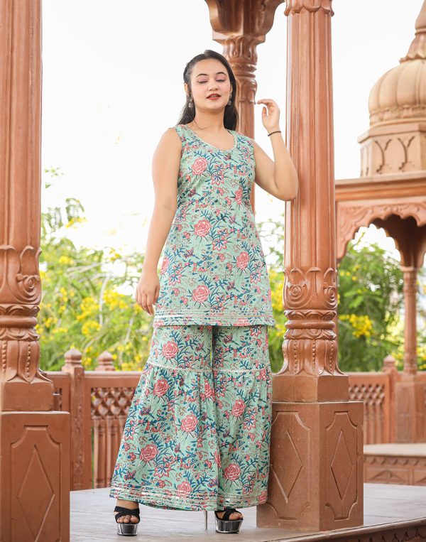 Kaajh Women s Turquoise Floral Printed Kurta With Sharara Online Hot Sale