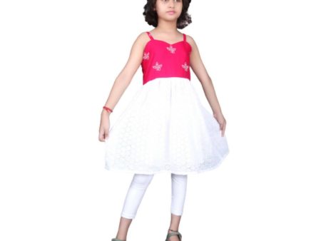 Akarshan Pure Cotton Frock Style Kurti With Leggings Set - Pink And White Sale