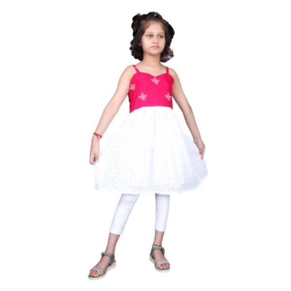 Akarshan Pure Cotton Frock Style Kurti With Leggings Set - Pink And White Sale