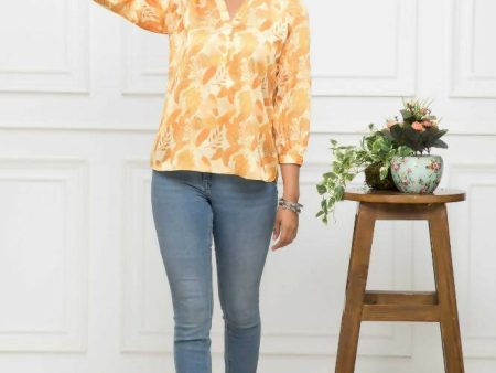 Myshka Women Floral V-Neck Regular Sleeves Polyester Mustard Top For Cheap