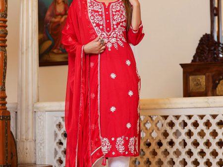 Kaajh Women s Red Lucknow Chikankari Kurta Set With Pant and Dupatta Online