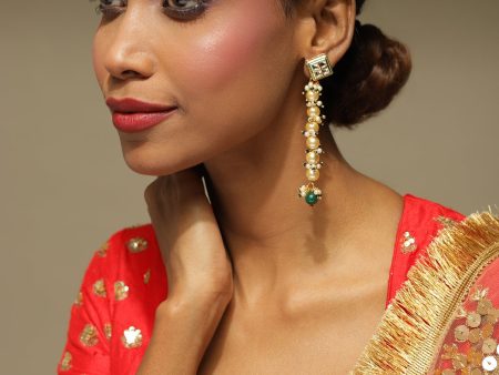 Cream-Coloured Green Gold Plated Kundan Studded Contemporary Drop Earrings - Ruby Raang Online Sale