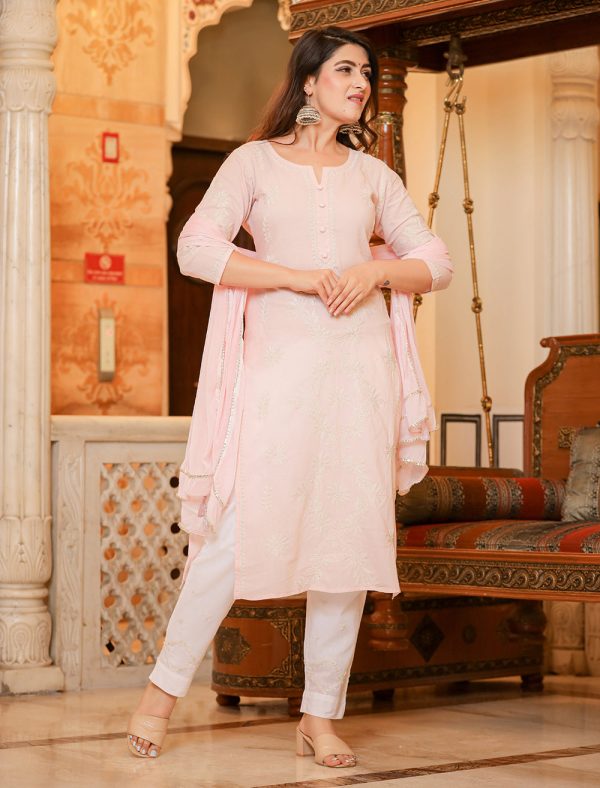 Kaajh Women s Peach Lucknow Chikankari Suit Set Online Hot Sale