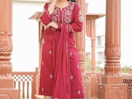 Kaajh Women s Wine Red Lucknow Chikankari Cotton Kurta Set With Dupatta For Sale