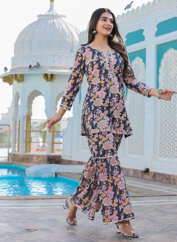 Kaajh Women s Grey Floral Printed Kurta With Sharara Fashion