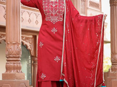 Kaajh Women s Red Rayon Embroidered Kurta Sharara Set With Dupatta For Discount