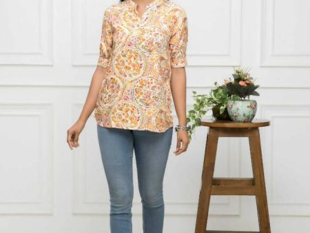 Myshka Women Mustard Floral V-Neck Regular Sleeves Viscose Rayon Top Online