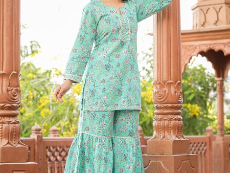 Kaajh Women s Green Floral Printed Kurta With Sharara Cheap