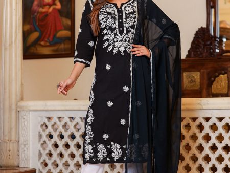 Kaajh Women s Black Lucknow Chikankari Kurta Set With Pant and Dupatta Online