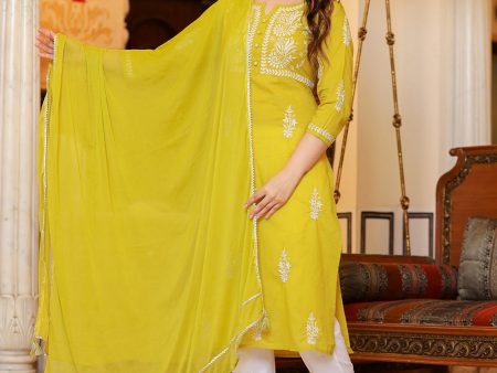 Kaajh Women s Mustard Lucknow Chikankari Kurta Pant Set With Dupatta Online Hot Sale