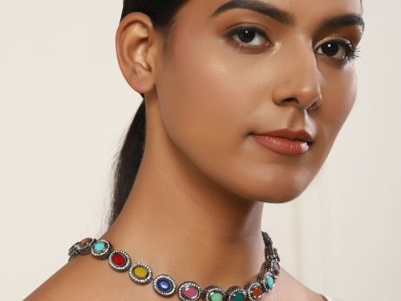 Multicoloured Brass Silver-Plated Handcrafted Necklace - Ruby Raang For Sale