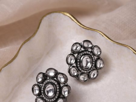 Black Silver-Plated Circular Kundan Studs Earrings - Ruby Raang Online Hot Sale