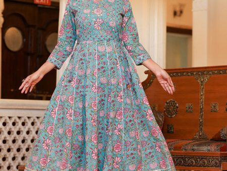 Kaajh Women s Turquoise Floral Print Flared Anarkali Kurta With Pant Online now