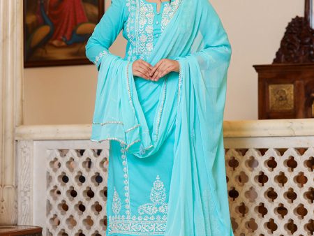 Kaajh Women s Turquoise Hand Embroidered Lucknow Chikankari Kurta Set With Dupatta For Discount