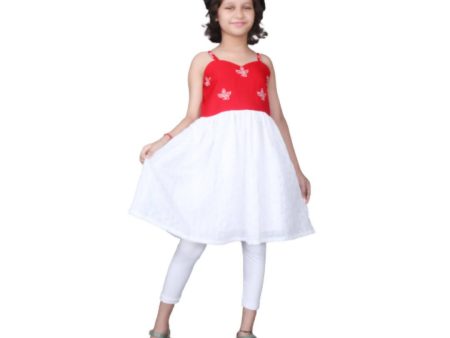 Akarshan Pure Cotton Frock Style Kurti with Leggings Set - Red & White Online Hot Sale