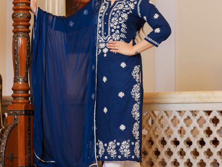 Kaajh Women s Navy Blue Lucknow Chikankari Kurta Set With Pant and Dupatta Online