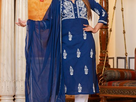 Kaajh Women s Navy Blue Lucknow Chikankari Kurta Pant Set With Dupatta Online Hot Sale