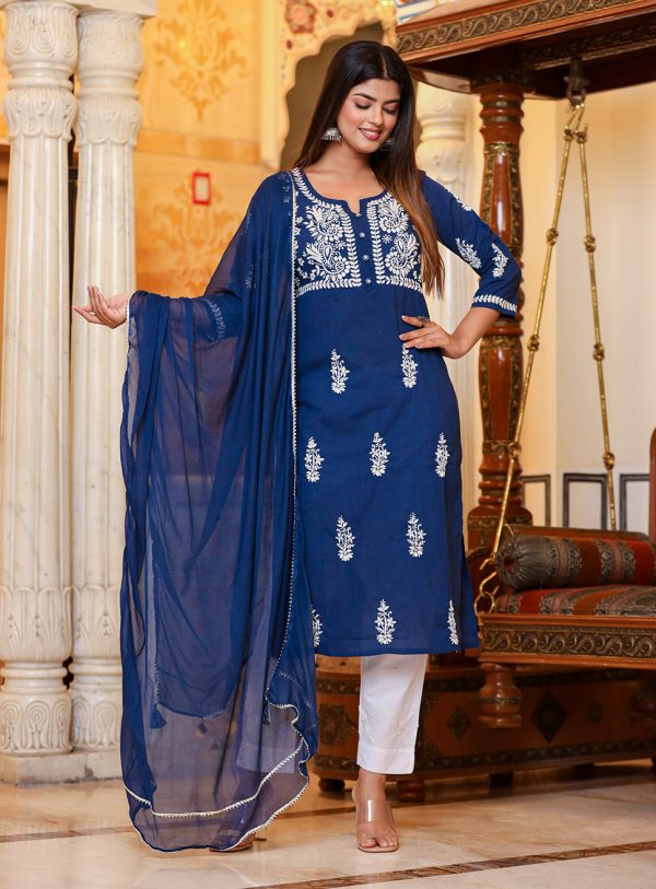 Kaajh Women s Navy Blue Lucknow Chikankari Kurta Pant Set With Dupatta Online Hot Sale