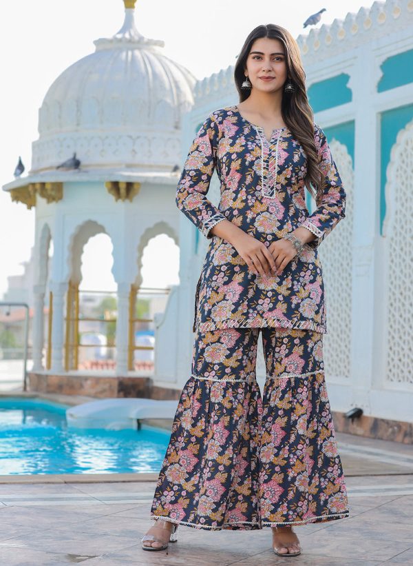 Kaajh Women s Grey Floral Printed Kurta With Sharara Fashion