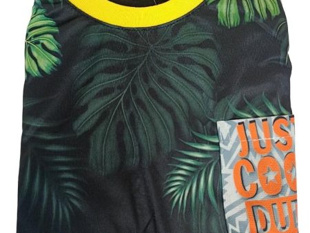 Landmark Muscle Set Cool Dude with Leaves Patch Pocket Print and Plain Shorts Black Yellow Hot on Sale