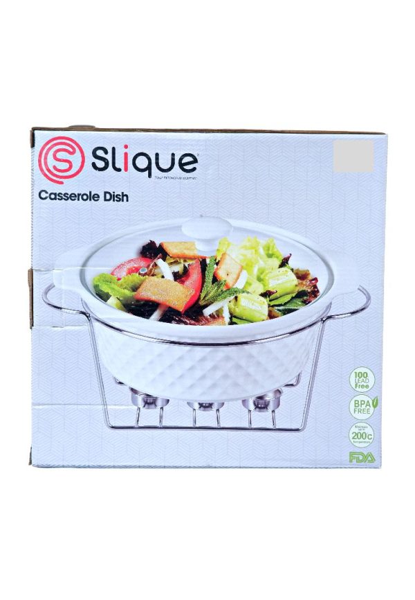 Slique Ceramic Round 3-Burner Casserole Dish 3.5L with Glass Lid and Chrome Stand Sale