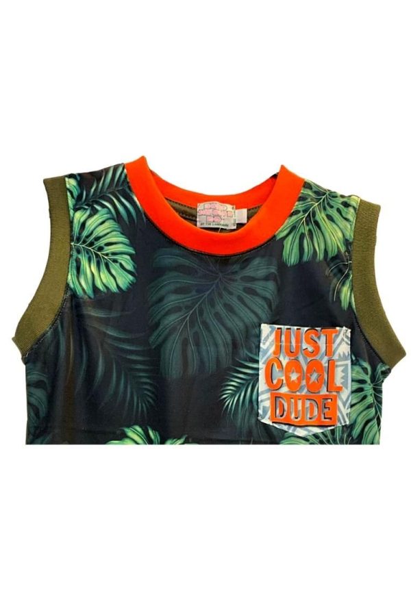 Landmark Muscle Set Cool Dude with Leaves Patch Pocket Print and Plain Shorts Olive Orange Supply