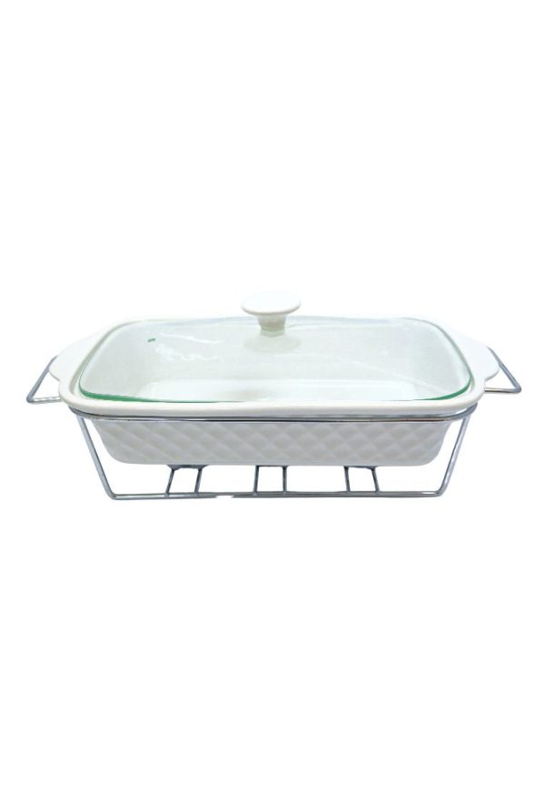 Slique Ceramic Oval 3-Burner Casserole Dish 2.9L with Glass Lid and Chrome Stand Discount